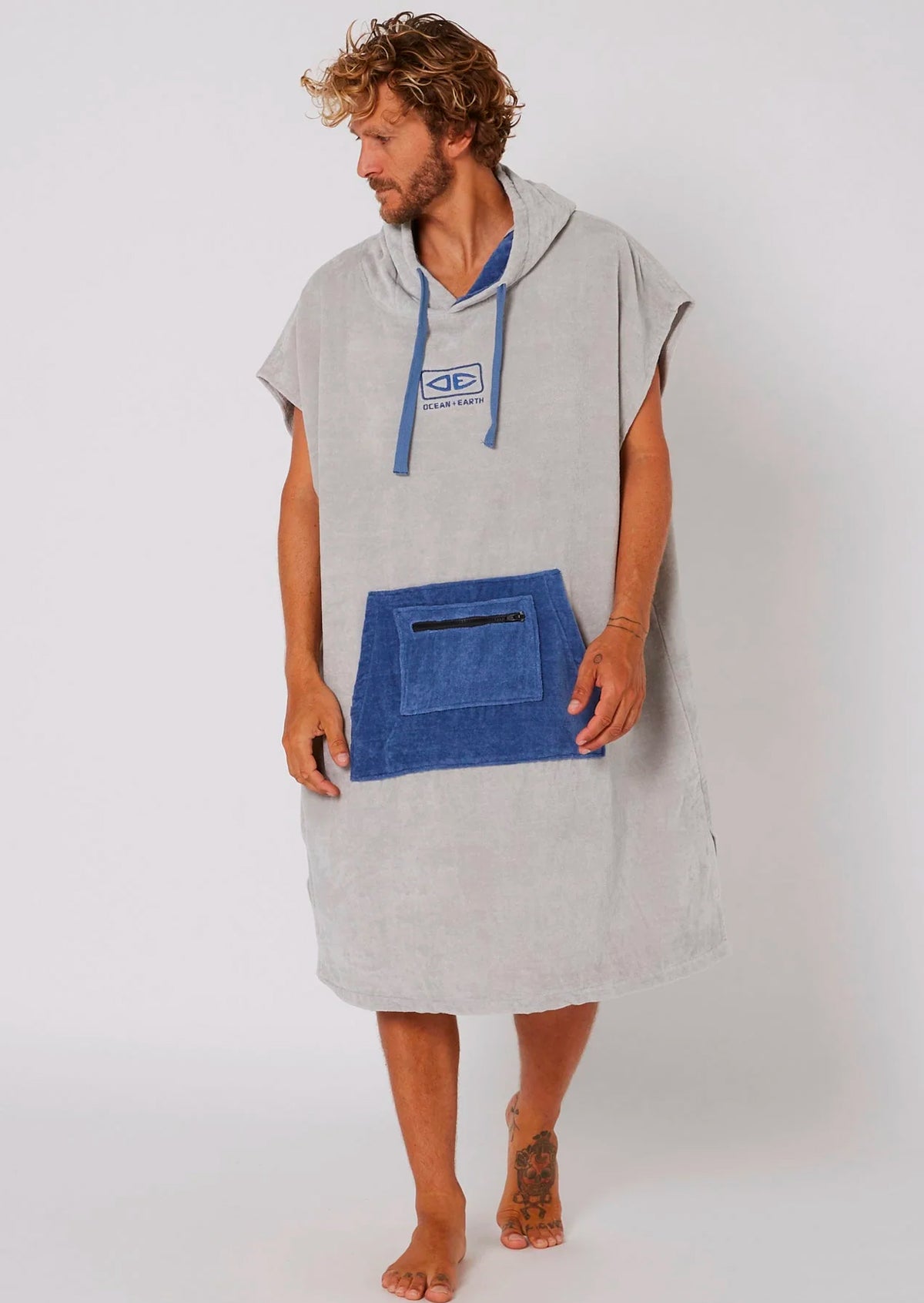 Ocean & Earth Day Break Hooded Poncho: Light Grey Day Break poncho worn, front view