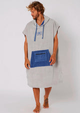 Ocean & Earth Day Break Hooded Poncho: Light Grey Day Break poncho worn, front view