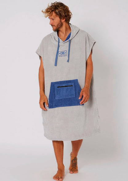 Ocean & Earth Day Break Hooded Poncho: Light Grey Day Break poncho worn, front view