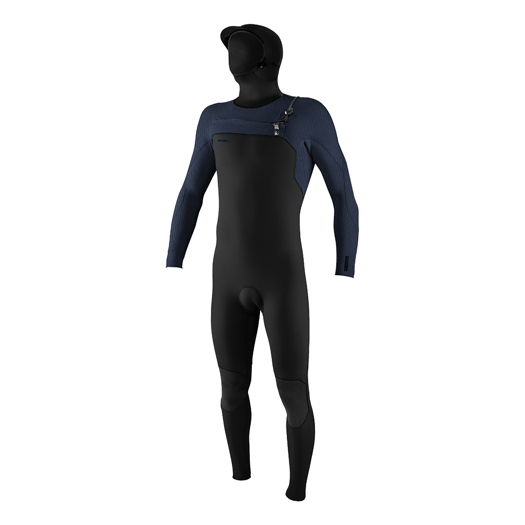 O'Neill Hyperfreak 4/3+mm chest zip hooded full wetsuit in Black and Navy — front view
